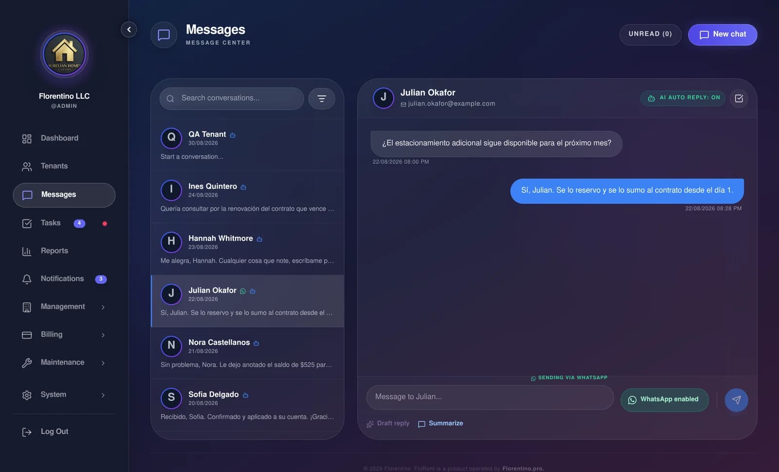 FloRent message centre: a tenant question answered from the dashboard and sent over WhatsApp, with AI auto-reply on.