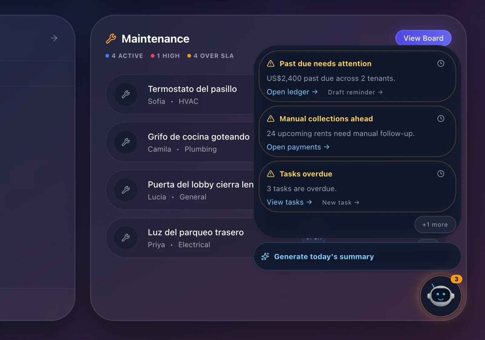 FloRent's AI signals: past due needing attention, debt concentrated in one tenant, and the rents still on manual follow-up — each with the action that resolves it.