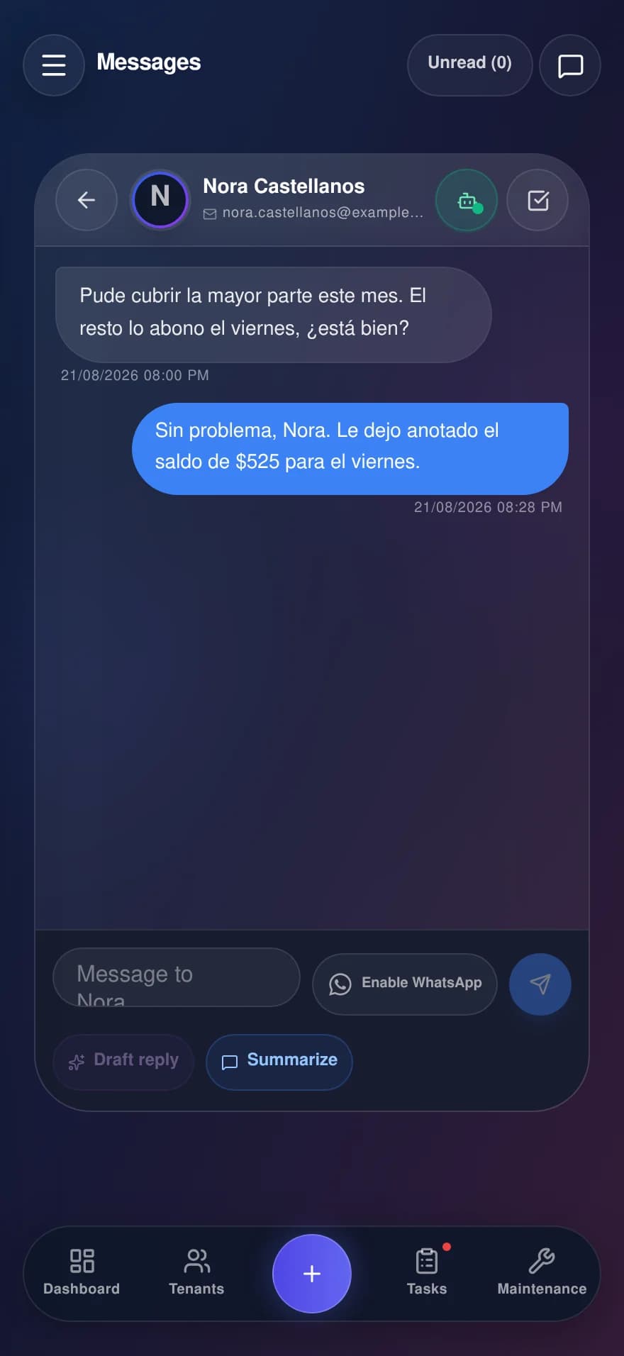 FloRent on a phone: the conversation with the tenant and the reply drafted by the AI.
